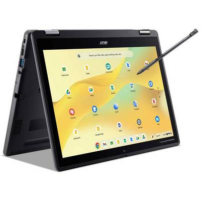 Un ordinateur portable en mode tablette affiche un écran avec des applications et un stylet. L'arrière-plan est clair et présente des icônes d'applications.