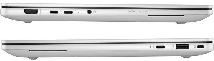 Deux ordinateurs portables argentés et élégants, montrés de profil, avec différents ports tels que USB-C, HDMI et une prise casque.