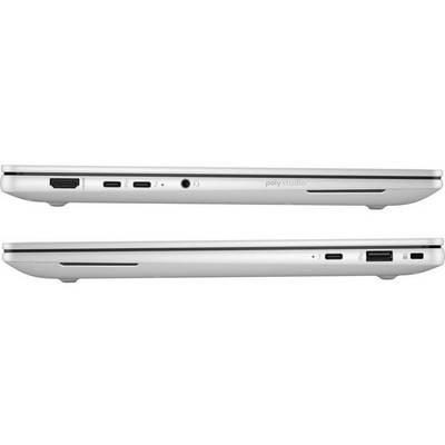 Deux ordinateurs portables argentés et élégants, montrés de profil, avec différents ports tels que USB-C, HDMI et une prise casque.