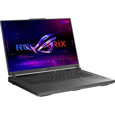 Un ordinateur portable de gaming avec un écran ouvert affiche le logo 'ROG Strix' sur l'écran. Le design paraît futuriste.