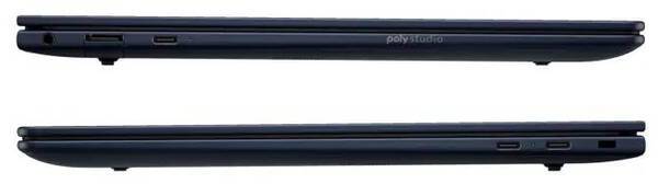 Deux vues latérales d'un ordinateur portable fermé avec plusieurs ports sur les côtés.