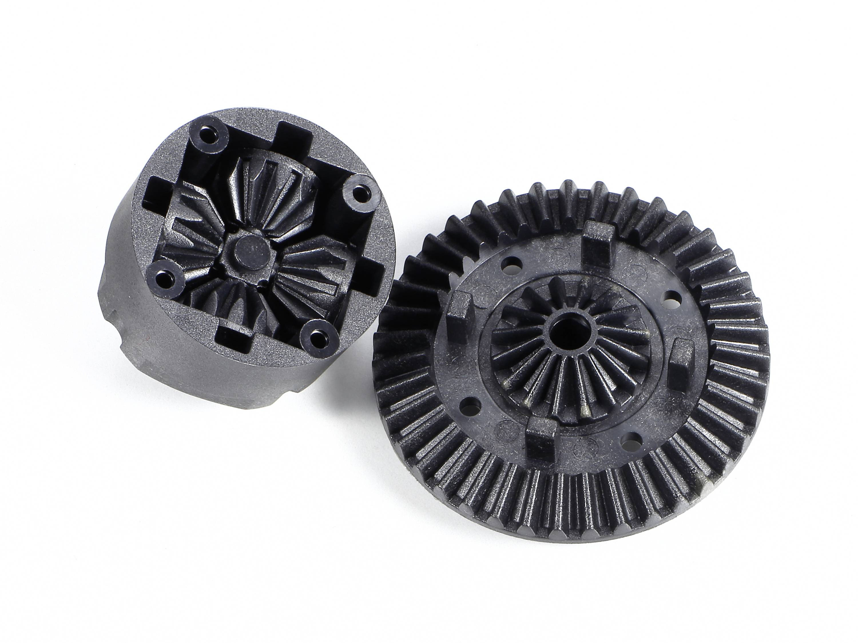 Deux roues dentées en plastique noir, l'une debout verticalement et l'autre posée à plat. Elles sont équipées de roues coniques.