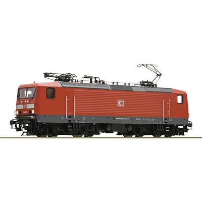 Un modèle d'une locomotive électrique rouge de la Deutsche Bahn avec des détails visibles tels que le collecteur de courant et le pantographe.