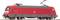 Locomotive rouge de la Deutsche Bahn, représentée de côté, sur des rails. Les pantographes électriques supérieurs sont visibles.