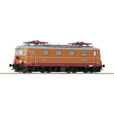 Vue latérale d'une locomotive électrique orange portant l'inscription 'PXP EP05-01', avec un châssis rouge et blanc et des pantographes.