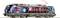 Locomotive de fret avec un marquage publicitaire distinctif pour une entreprise de télécommunications, comprenant un motif de câble à fibre optique.