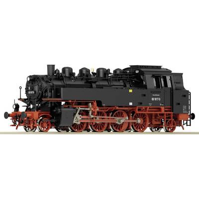 Locomotive à vapeur noire avec des roues rouges, vue de côté. Numéro de modèle 'BR 86' sur l'avant. Attelages de chemin de fer visibles.