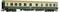 Un modèle d'un wagon de chemin de fer vert et beige de la Deutsche Bahn, portant l'inscription 'DB' et le numéro '2' en dessous des fenêtres.