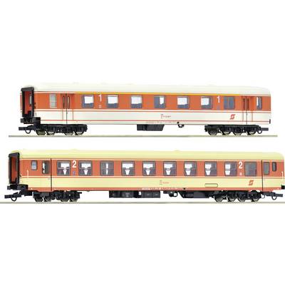 Deux wagons de train miniature, le supérieur en rouge et blanc portant l'inscription '1', l'inférieur en crème et rouge portant l'inscription '2'.