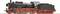 Une locomotive à vapeur en noir et rouge sur un fond blanc, vue de côté. Elle montre des roues et des pièces mécaniques détaillées.
