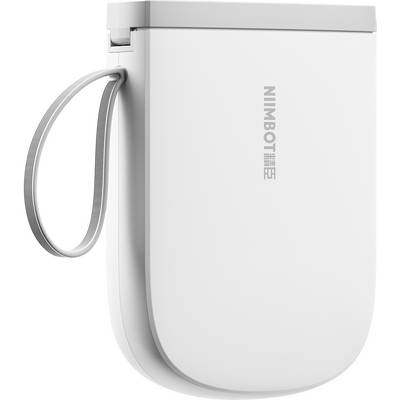 Une imprimante d'étiquettes portable en blanc avec un ruban gris pour la tenir. Marquée 'NiiMbot'.