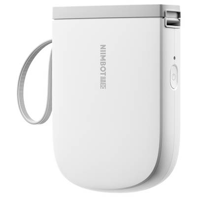 Un imprimante d'étiquettes portable blanc avec l'inscription 'Nimbot' sur le côté et une boucle de transport.
