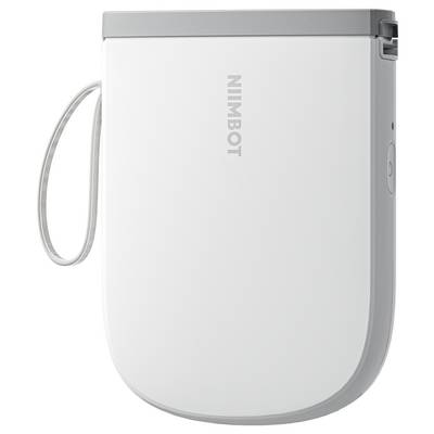 Un imprimante d'étiquettes portable en blanc avec un couvercle gris. Le nom de marque 'NiiMbot' visible sur le côté. Compact et équipé d'une lanière de transport.