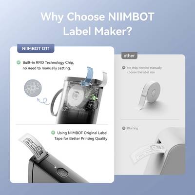 Pourquoi choisir l'imprimante d'étiquettes NIIMBOT ? Ci-dessus est présenté le NIIMBOT D11, qui fonctionne avec la technologie RFID et du papier d'étiquettes original. Une liste comparative montre ses avantages par rapport à d'autres.