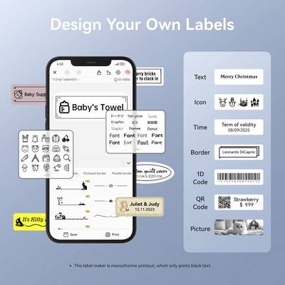 'Créez vos propres étiquettes' affiche un écran de smartphone présentant des options de personnalisation pour différentes étiquettes, telles que du texte, des bordures et des images.
