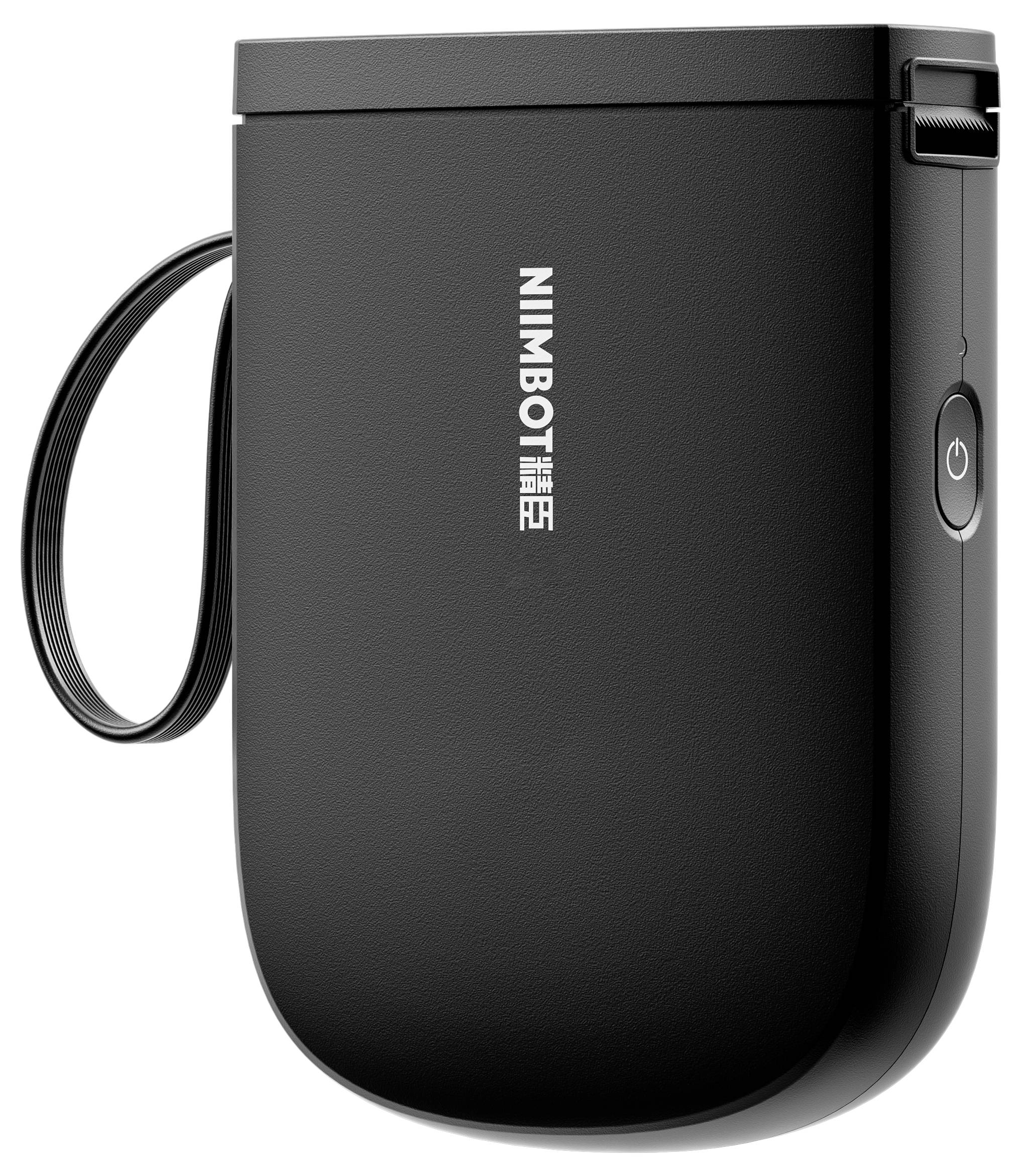 Imprimante d'étiquettes portable compacte de couleur noire, avec bouton marche/arrêt sur le côté et dragonne, portant le nom de marque 'NiiMbot' sur la face avant.