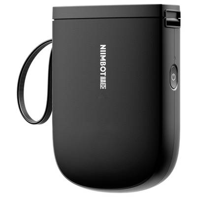 Imprimante d'étiquettes portable compacte de couleur noire, avec bouton marche/arrêt sur le côté et dragonne, portant le nom de marque 'NiiMbot' sur la face avant.