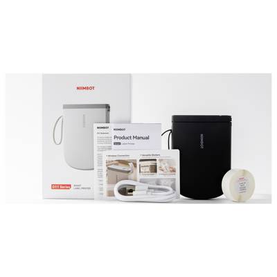 Contenu de l'emballage d'une imprimante d'étiquettes Nimbot D11 : imprimante, manuel d'utilisation, câble USB, rouleau d'étiquettes adhésives et accessoires en blanc.