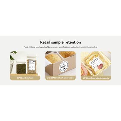 'Trois exemples d'étiquettes de détail pour l'identification des aliments : en vrac, boîte de produits en papier kraft et récipient alimentaire.'