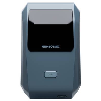 Un imprimante d'étiquettes portable bleu portant l'inscription 'NIIMBOT'. Dans la partie inférieure se trouve un bouton portant l'inscription 'OPEN'.