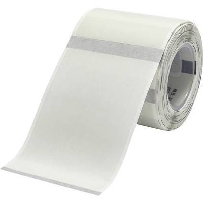 Un rouleau d'étiquettes blanches avec des bords gris, adapté pour les imprimantes thermiques.