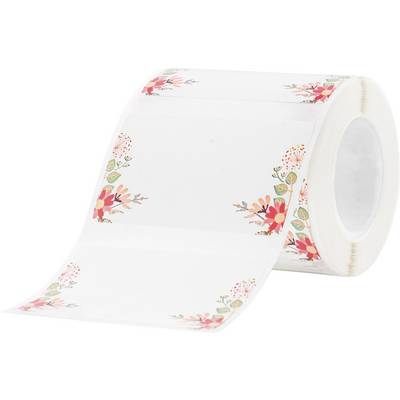 Un rouleau d'étiquettes décoratives à motifs floraux en rouge, orange et vert sur les bords. Idéal pour des emballages créatifs.