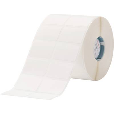 Un rouleau d'étiquettes blanches sur un noyau bleu, partiellement déroulé.