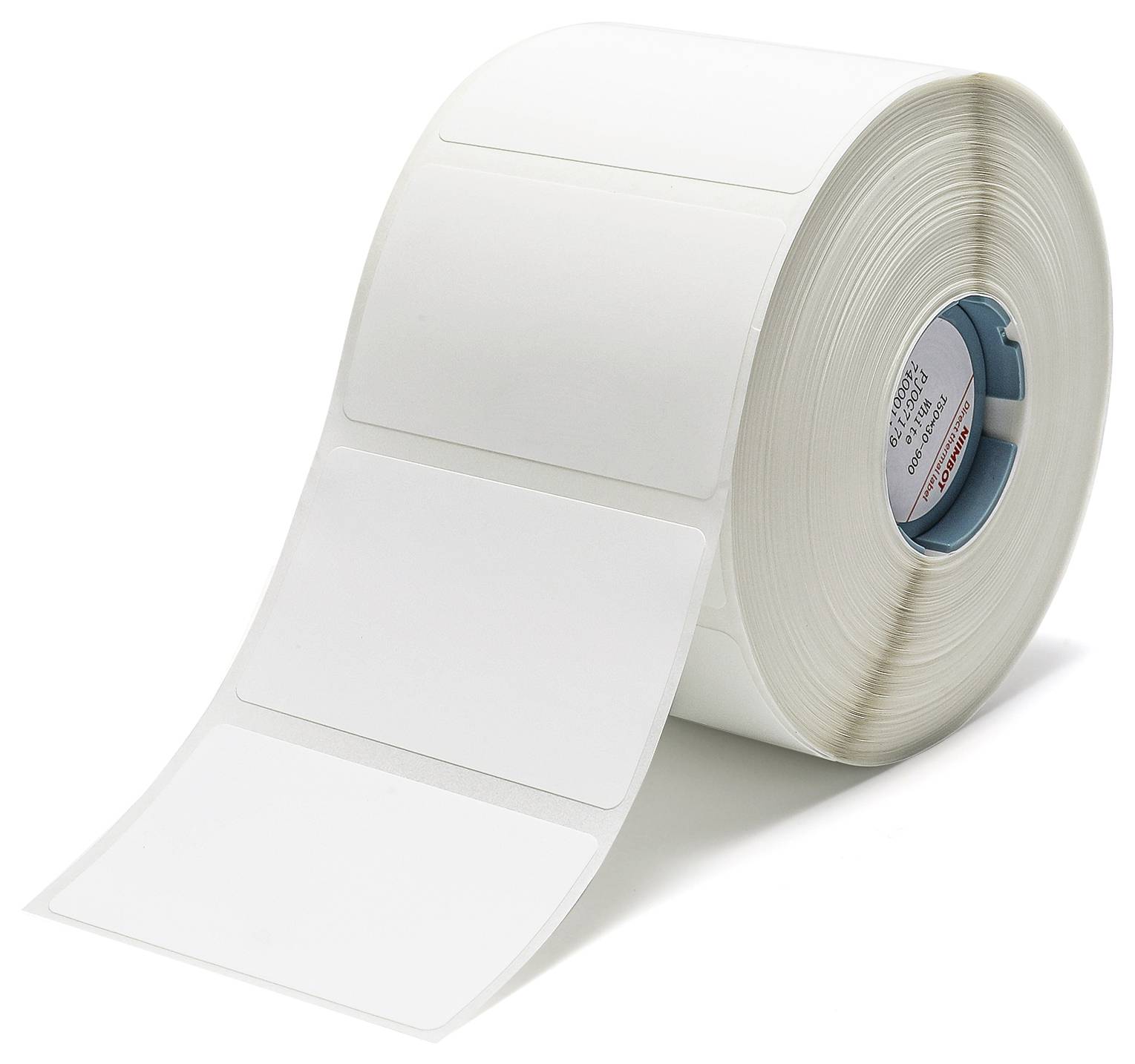 Rouleau d'étiquettes rectangulaires blanches sur un noyau bleu, adapté aux imprimantes et personnalisable manuellement.