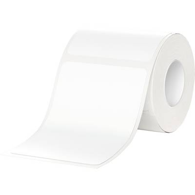 Rouleau blanc avec étiquettes rectangulaires, adapté pour imprimantes, sur fond blanc.