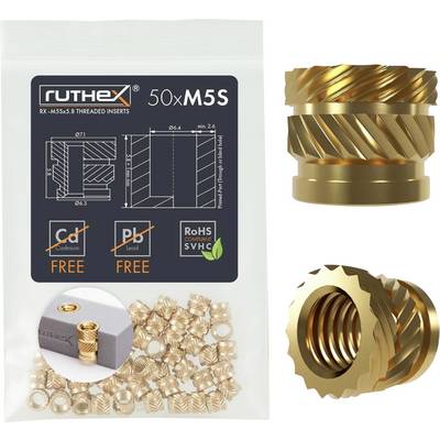 Emballage de 50 inserts filetés en laiton rainurés Ruthex, taille M5S. Marquage : « Sans Cd, Pb », « Conforme RoHS ».