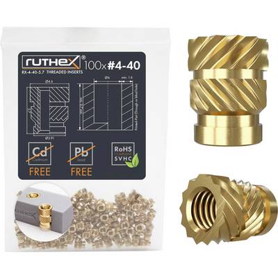 'Ruthex 100x #4-40 Inserts filetés' : L'illustration montre des inserts filetés en métal, sans cadmium ni plomb, avec un diagramme technique et une mention RoHS-SVHC.