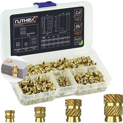 Boîte en plastique avec inserts filetés de différentes tailles et formes, tableau récapitulatif au-dessus, logo 'RUTHEX' en haut à gauche.