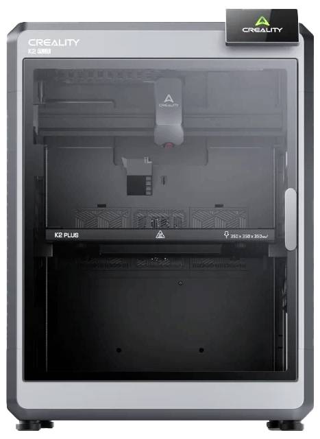 Une imprimante 3D Creality, modèle K2 Plus, de couleur noir et gris. La zone d'impression mesure 280 x 280 x 250 mm, représentée ici en vue frontale fermée.
