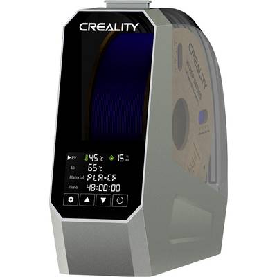Boîtier d'imprimante 3D portant l'inscription 'CREALITY', avec un écran numérique et un support de bobine de filament à l'intérieur.