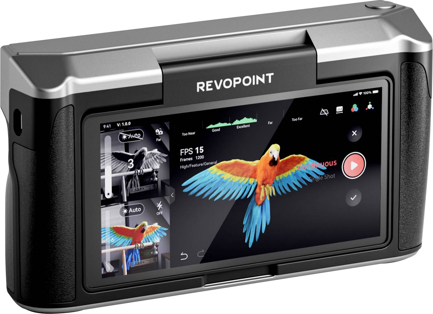 Un scanner 3D portable avec écran affiche l'interface utilisateur et l'image numérisée d'un perroquet coloré.