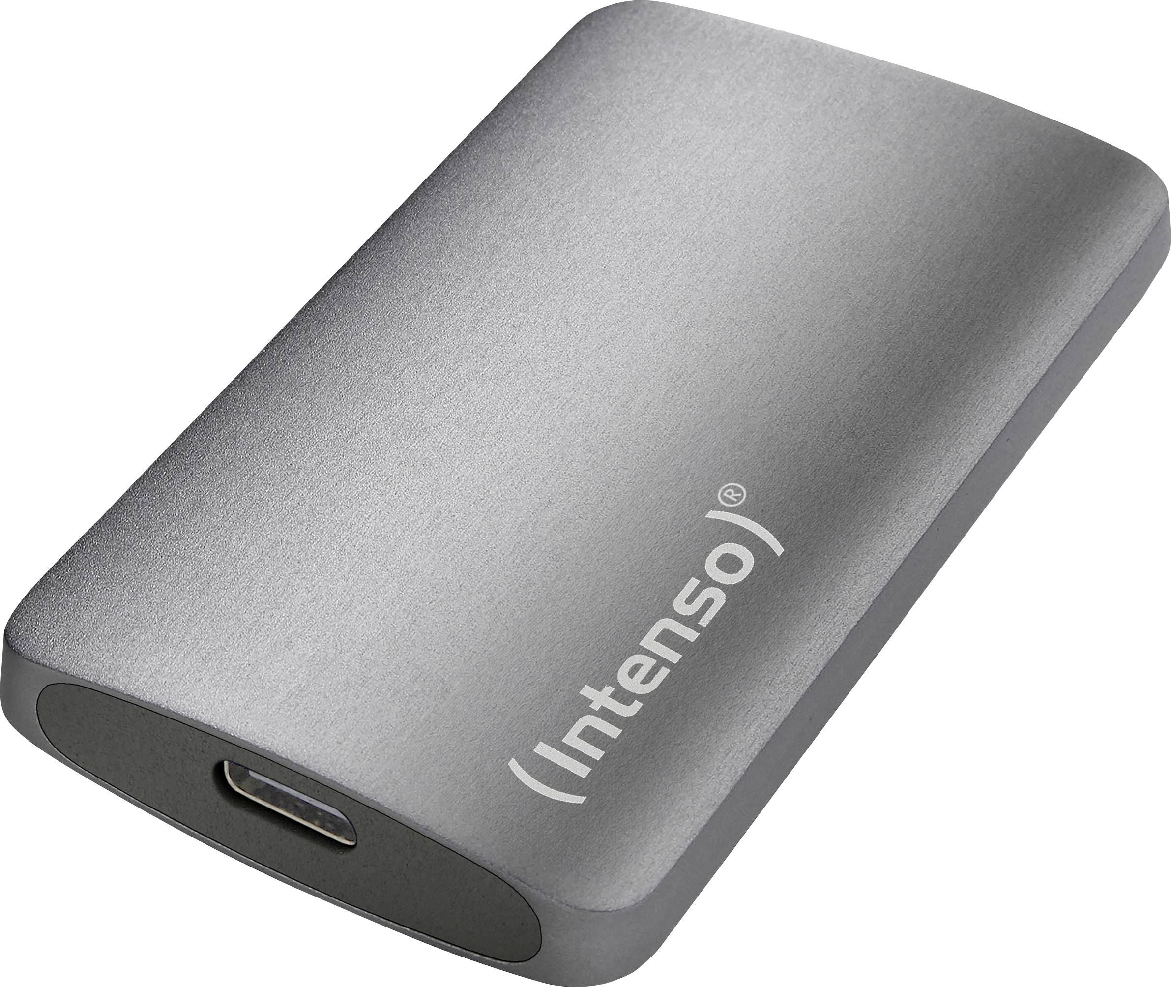 Disque dur externe Intenso en gris métallique, doté d'un port USB-C sur le côté, adapté au stockage de données lors de déplacements.