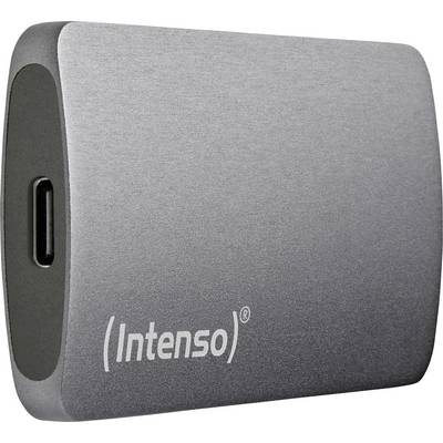 Disque dur externe gris avec connexion USB-C ; la marque 'Intenso' est visible sur la face avant.