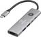 Adaptateur multiport USB-C avec ports HDMI, deux ports USB-A et deux ports USB-C ; design compact pour la connexion et la charge des appareils.