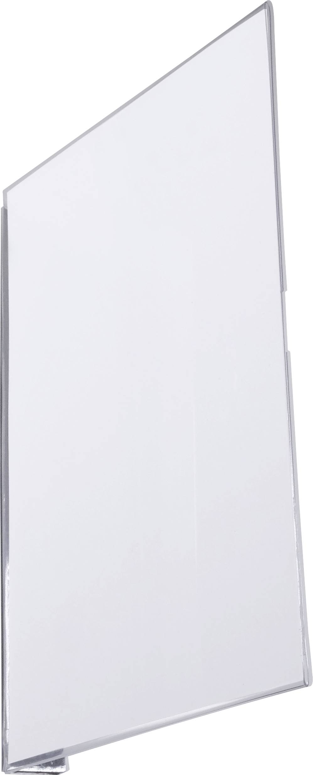 Présentoir en plastique transparent avec bord supérieur biseauté, vide.