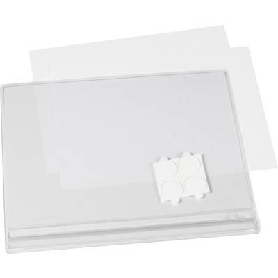 Une photo montre un support de CD transparent avec une pochette en papier et des autocollants blancs et ronds pour la fixation.