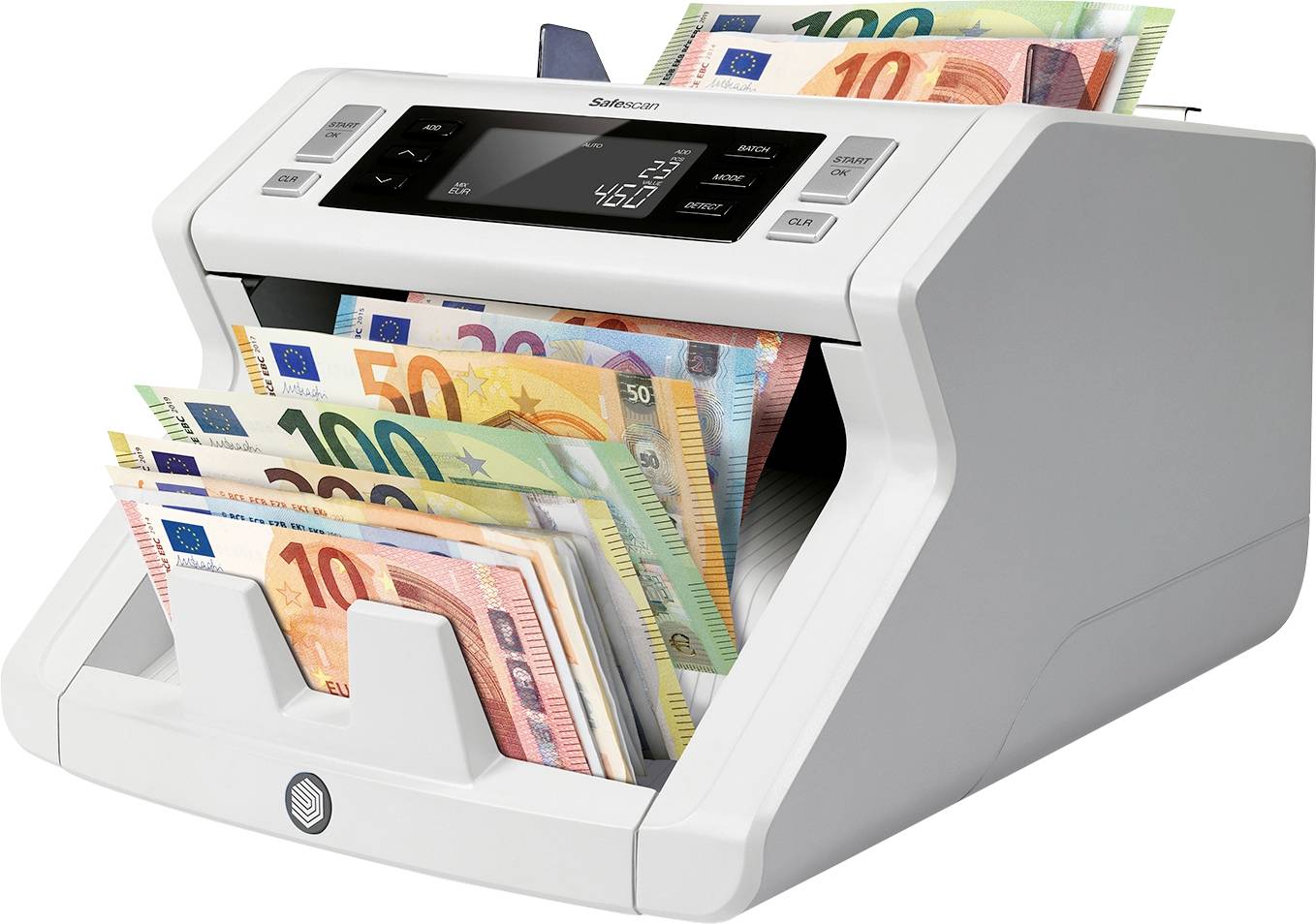 Un compteur de billets compte des billets en euros colorés de différentes coupures. Un écran affiche '46'.