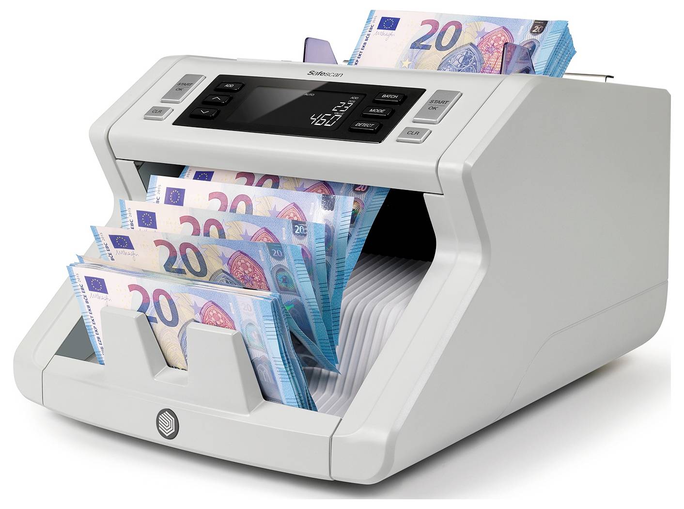 Un compteur de billets compte des billets de 20 euros par liasses. L'écran affiche le nombre de billets comptés.