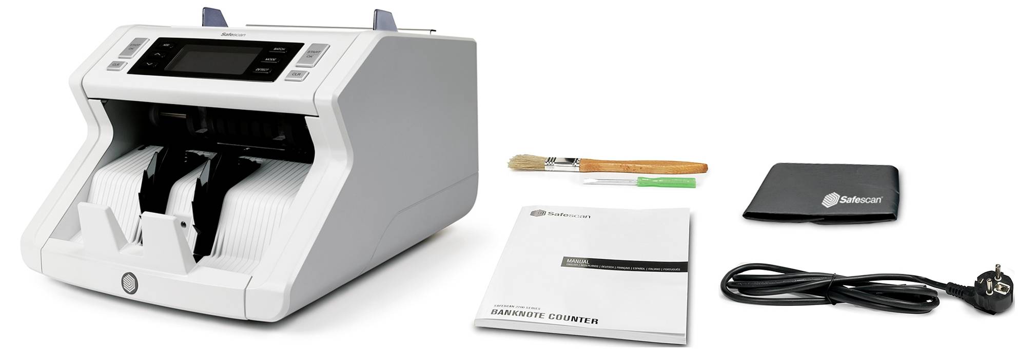 Machine à compter les billets avec manuel d'instructions, pinceau, stylo vert, câble d'alimentation et adaptateur secteur. Adaptée au comptage rapide des billets de banque.