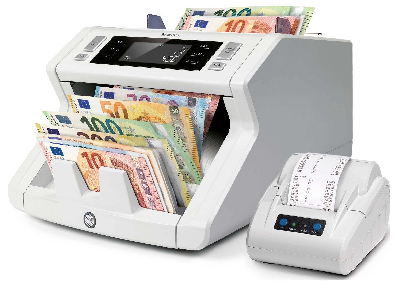 Machine à compter les billets qui compte des billets en euros de différentes valeurs. À côté, une petite imprimante avec un rouleau de papier imprimé.