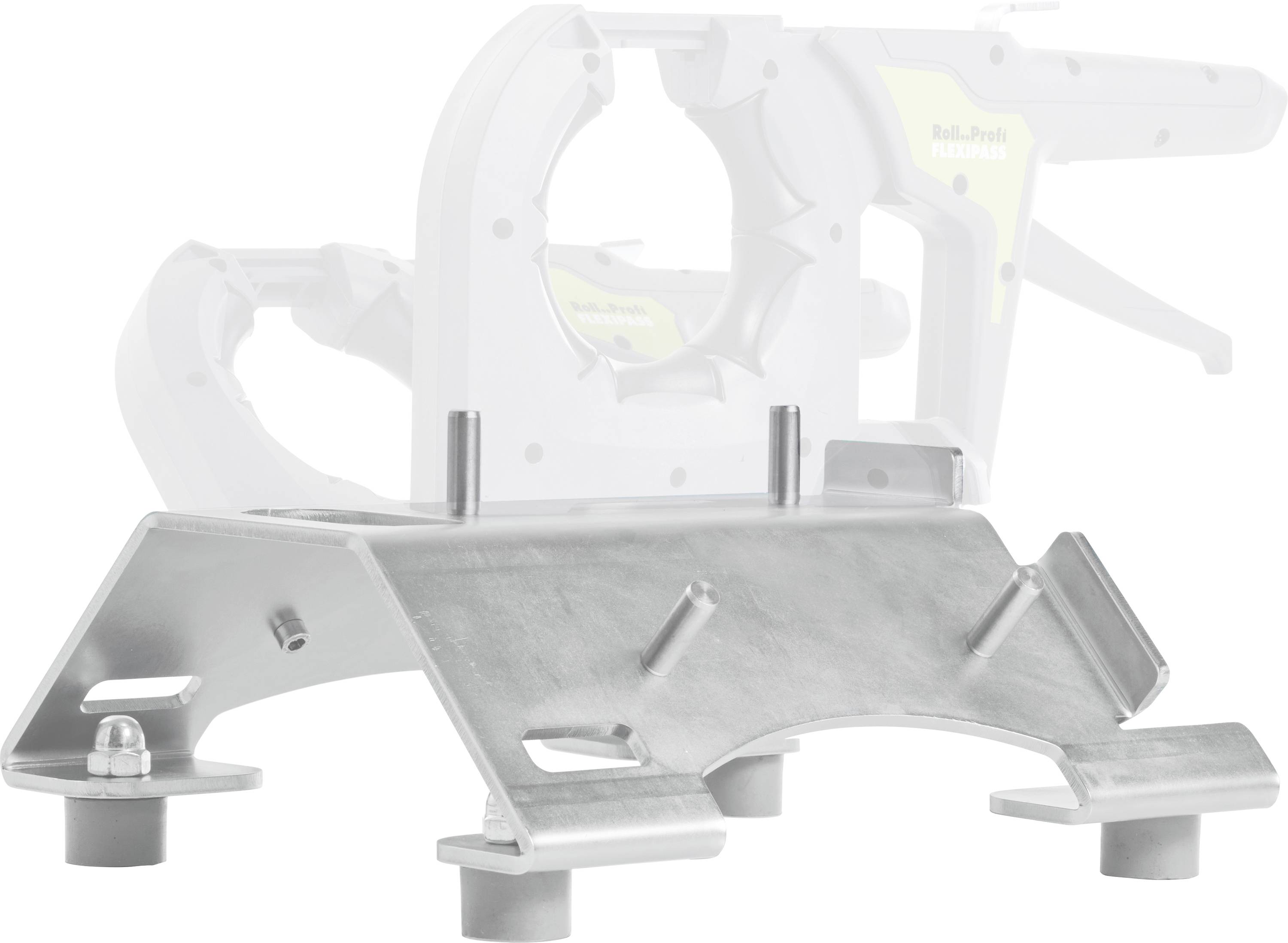 Support métallique pour une scie, avec plusieurs points de fixation, devant la silhouette floue d'une machine en arrière-plan.