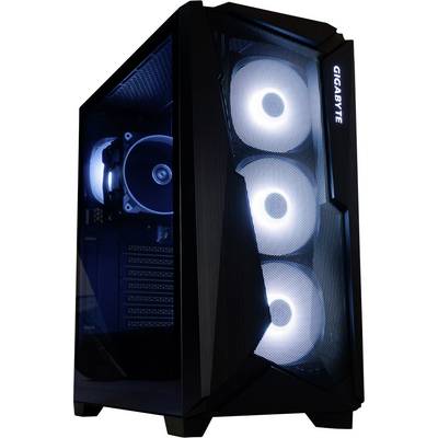 Boîtier de PC gaming avec fenêtre latérale transparente. Les ventilateurs LED brillent en bleu, révélant un système de refroidissement avancé et un design moderne.