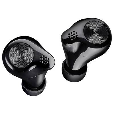 Deux écouteurs sans fil noirs en gros plan. Ils présentent un design moderne et brillant, disposés de manière symétrique.