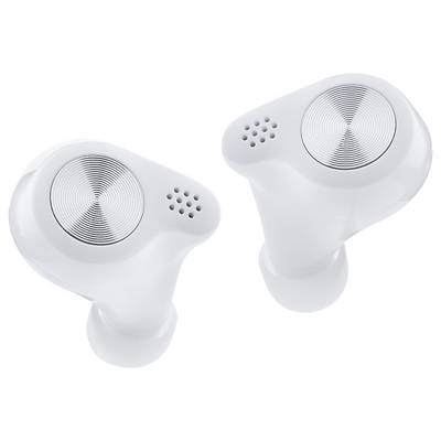 Deux écouteurs sans fil blancs avec des grilles d'enceinte modernes et rondes et une surface lisse, vue de dessus.