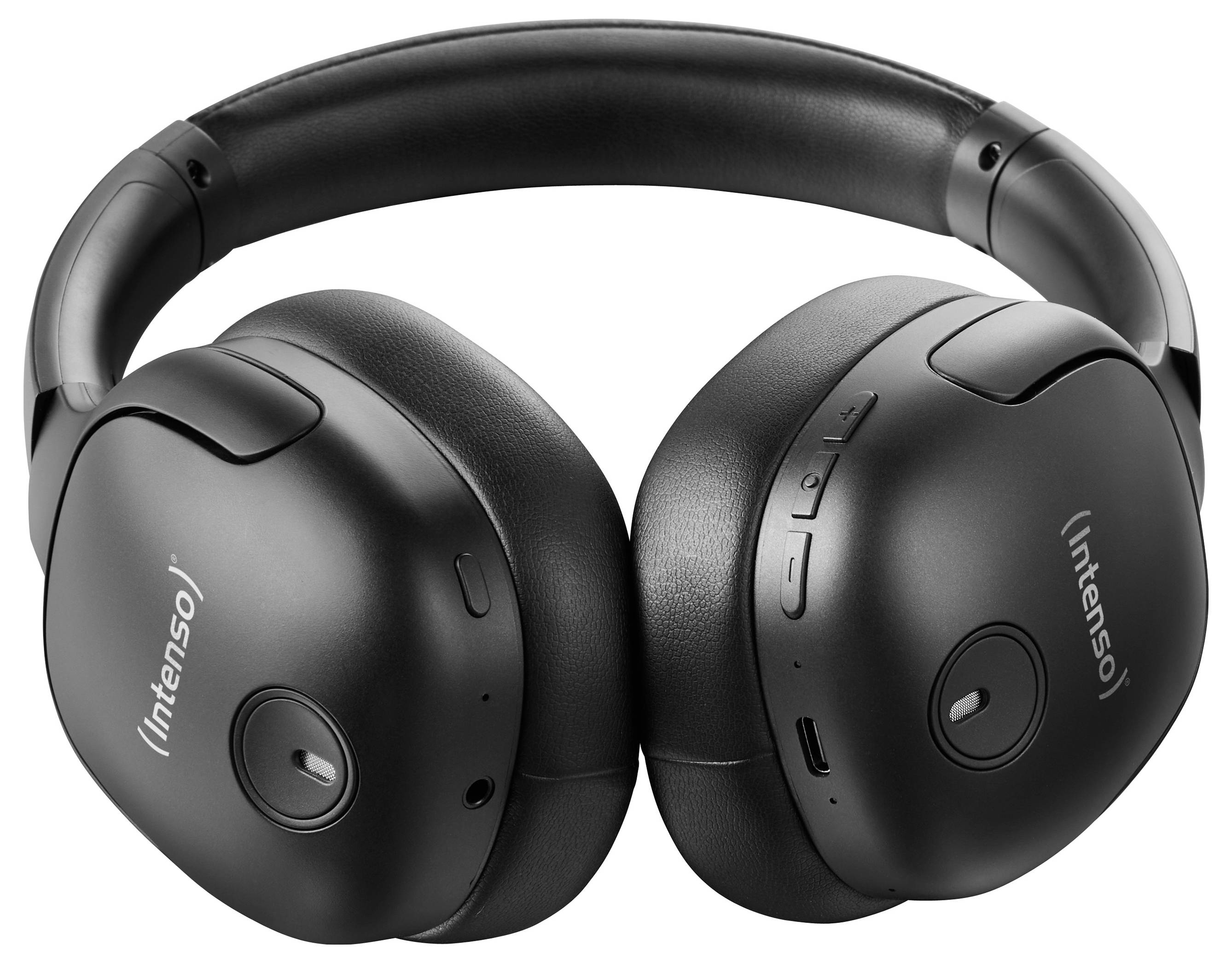 Casque over-ear sans fil noir de la marque Intenso, avec boutons de commande et connexions situés sur un seul côté.