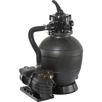 Filtre à sable noir avec pompe pour le nettoyage de piscine, montrant les tuyaux et les raccordements pour la filtration et la circulation de l'eau.